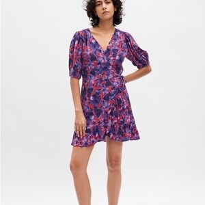 Gap Floral Mini Wrap Dress Ruffle Puff sleeve Purple Abstract Vibrant, size XL